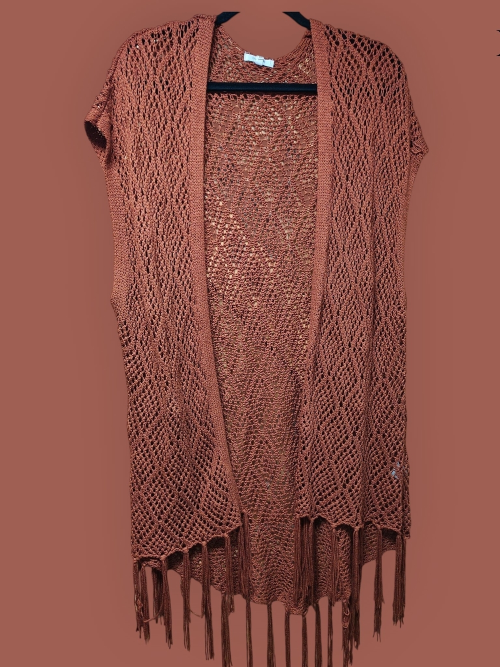 Maurices Open-Front Crochet Fringe Vest - Rust